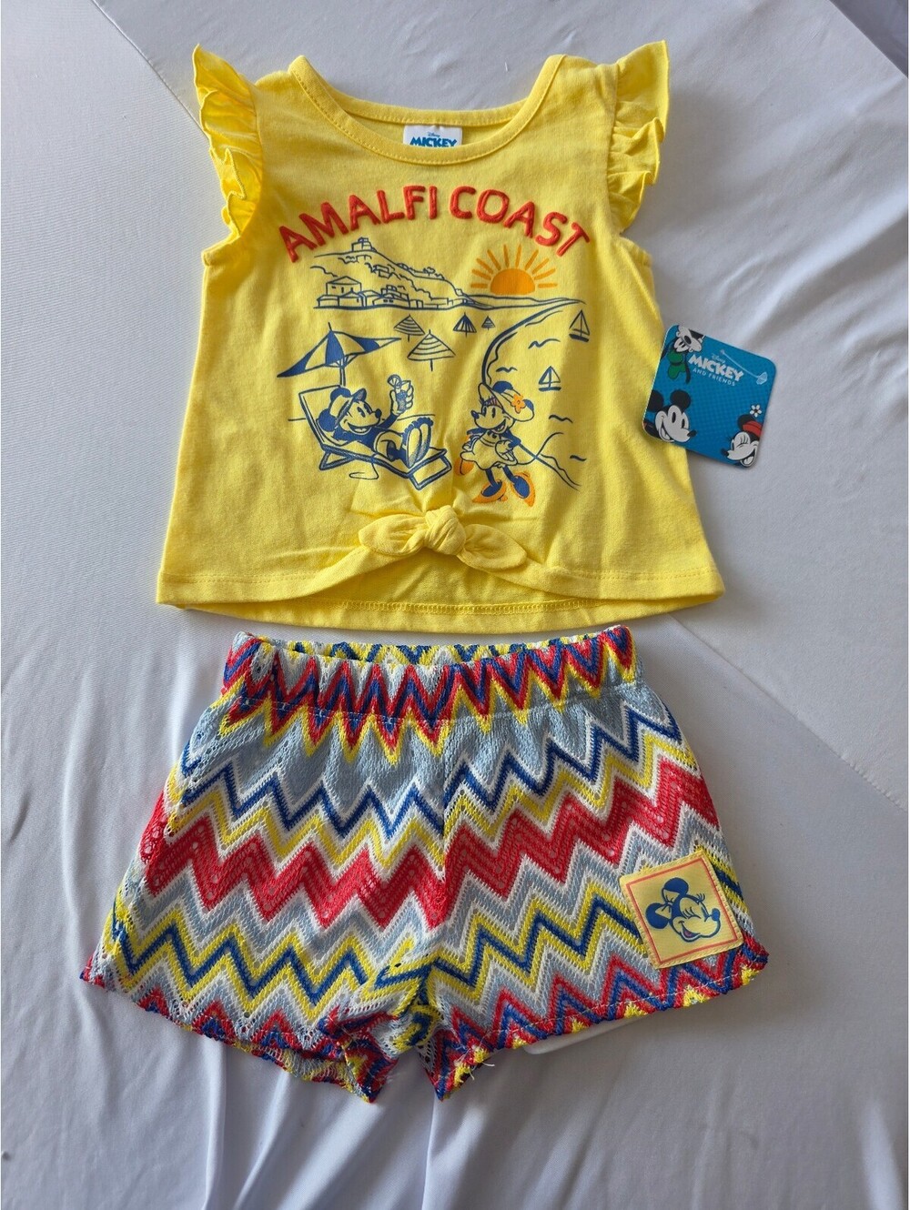 Disney Mickey and Friends Baby Girl 12M Yellow Amalfi Coast Top & Colorful Short